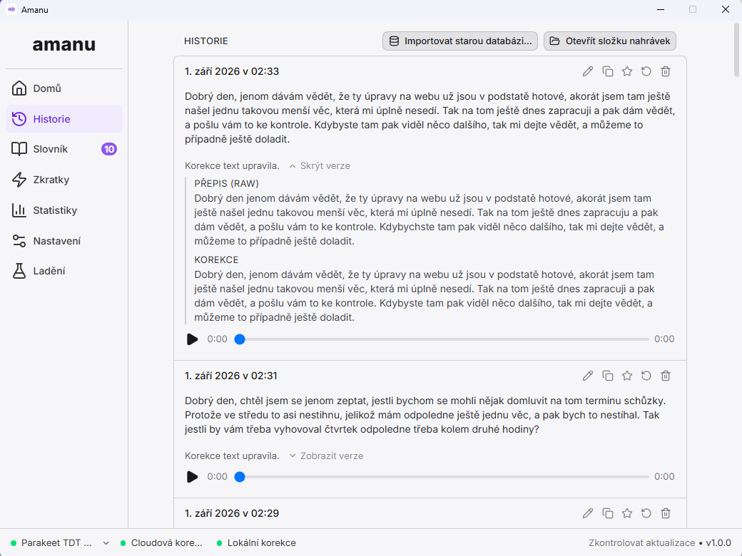 Historie diktátů v Amanu s rozbaleným porovnáním: nahoře původní přepis, pod ním opravený text.
